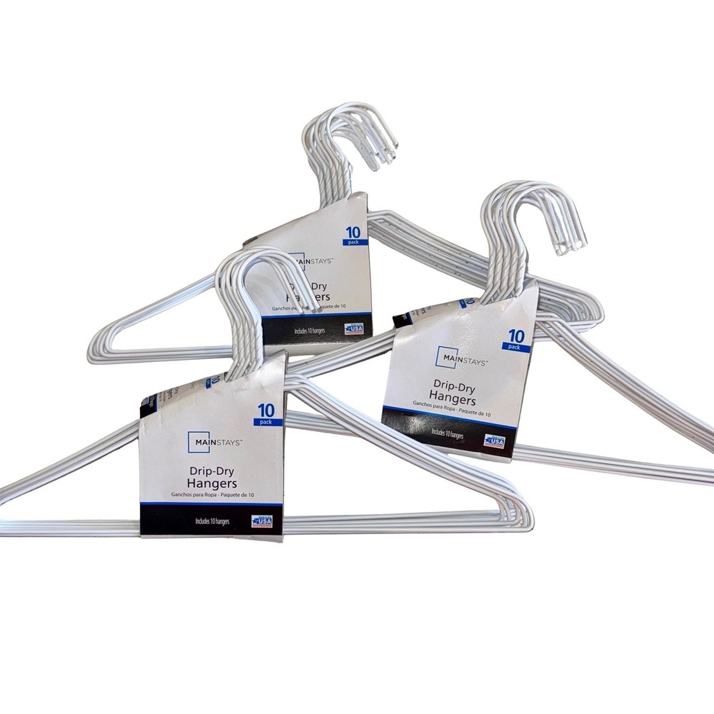 Mainstays Drip-Dry Wire Clothes Hangers White Plastic Coated 3 Pack 30 Hangers